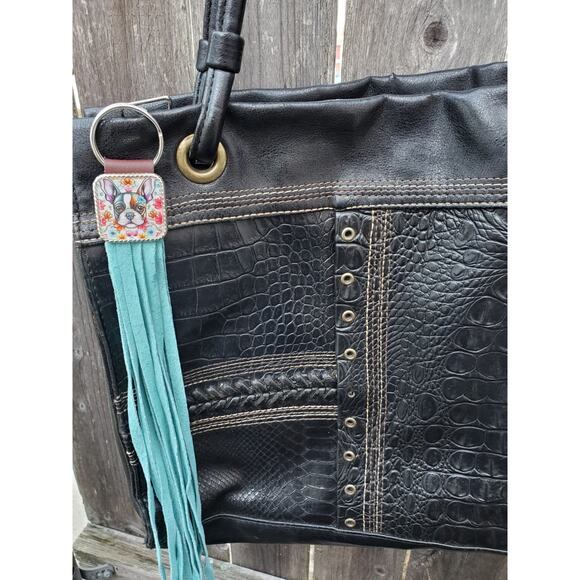 Handmade boho Boston terrier Gift Leather Fringe Western bag charm keychain - Picture 3 of 4